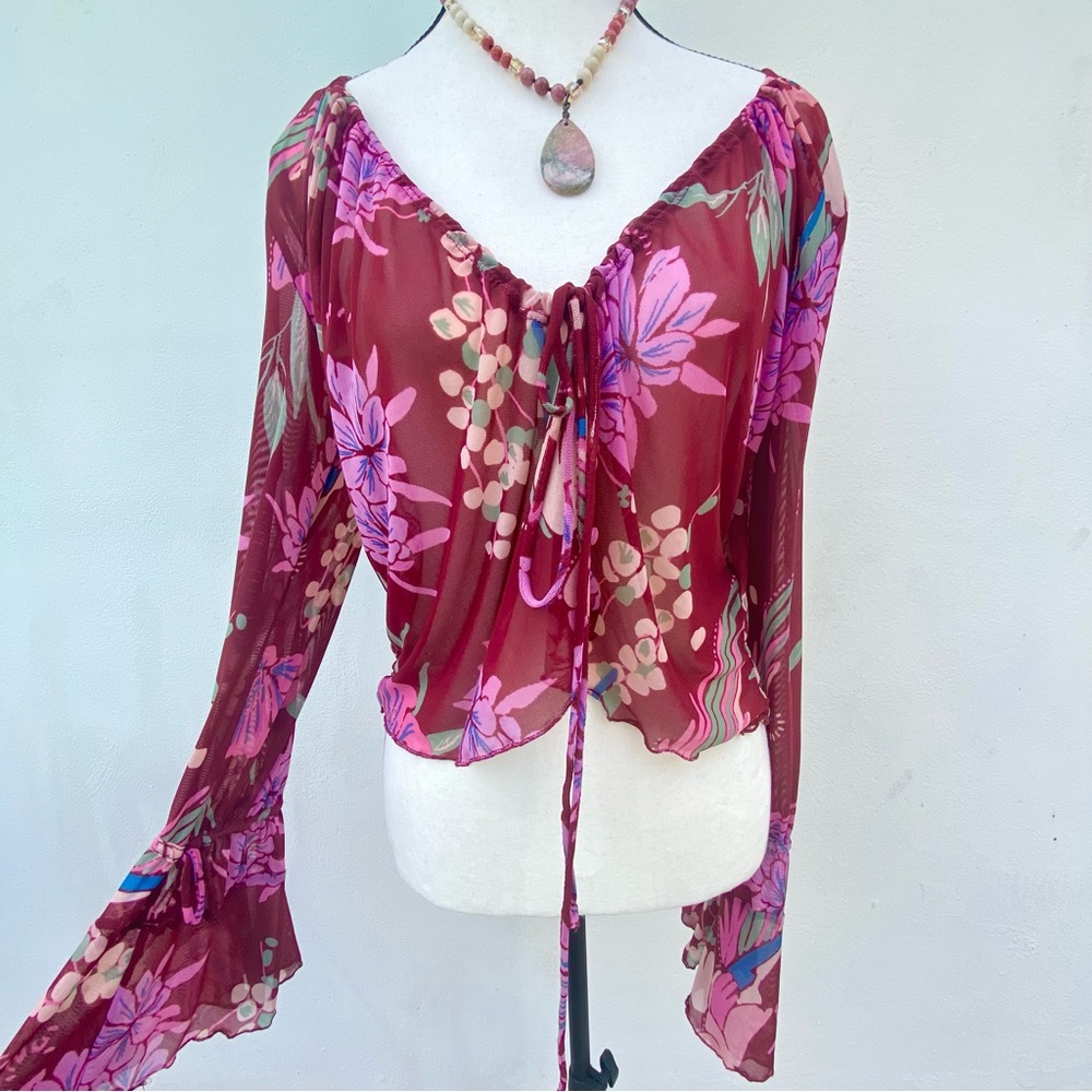 Free People Burgundy Multicolor Floral Mesh Flare Sleeve Blouse Size Medium
